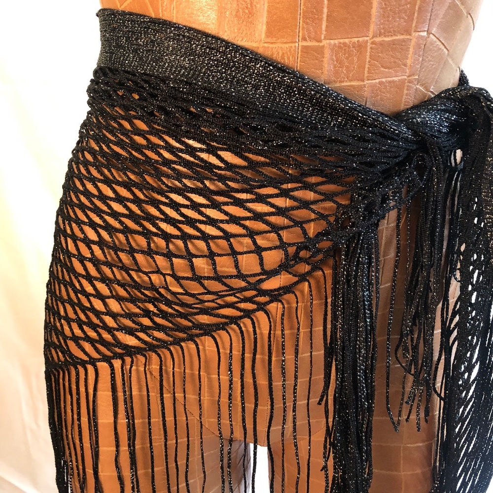 NEW! Metallic Black Fringed Scarf, Wrap or Sarong